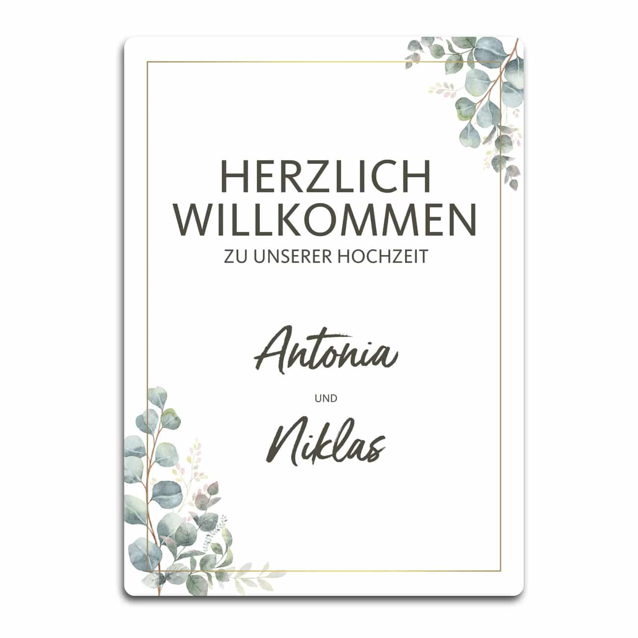 Willkommensschild zur Hochzeit mit Eukalyptusmotiv und Namen
