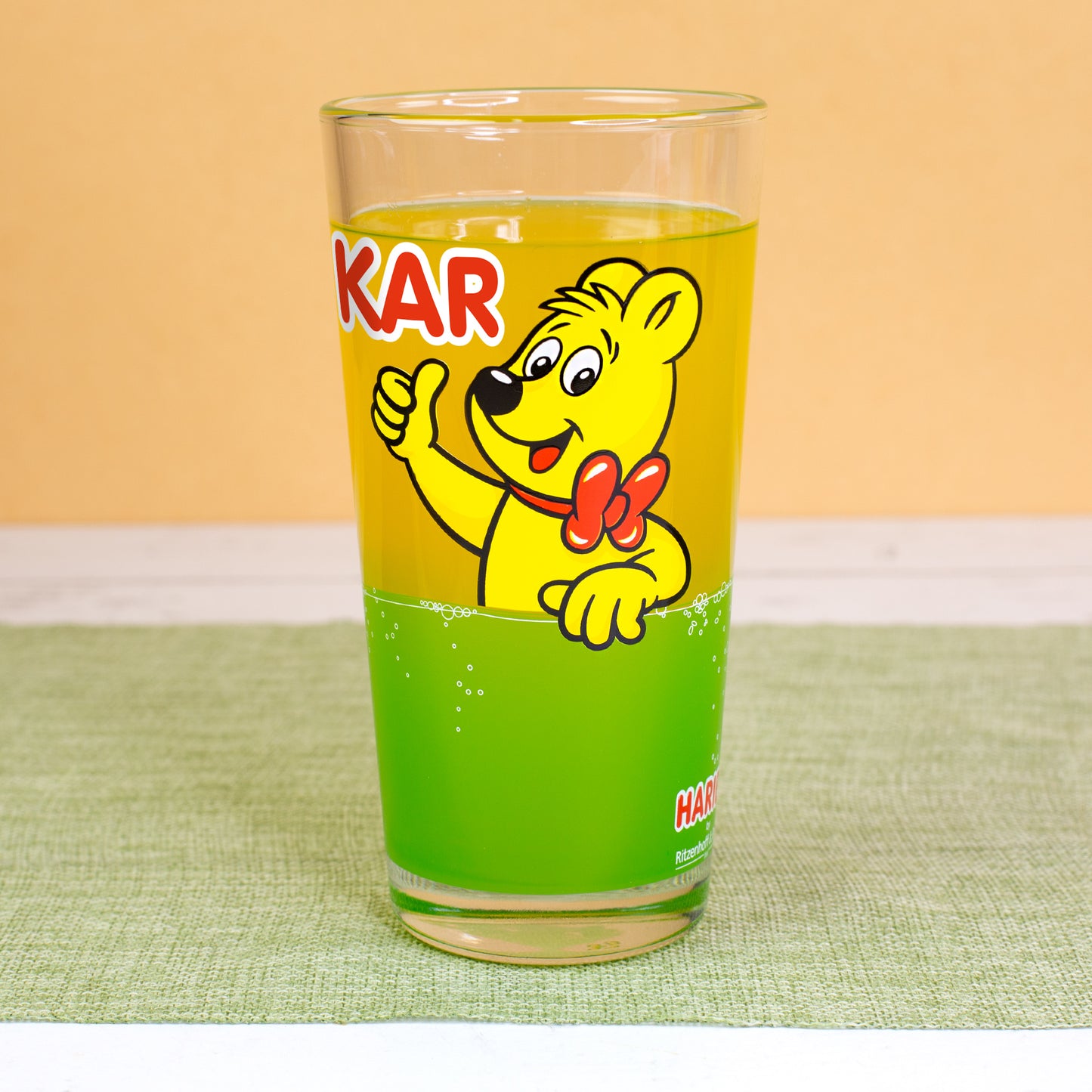 HARIBO Trinkglas Goldbär Motiv | 380 ml Glas in Orange oder Grün für Kinder, Erwachsene & Fans