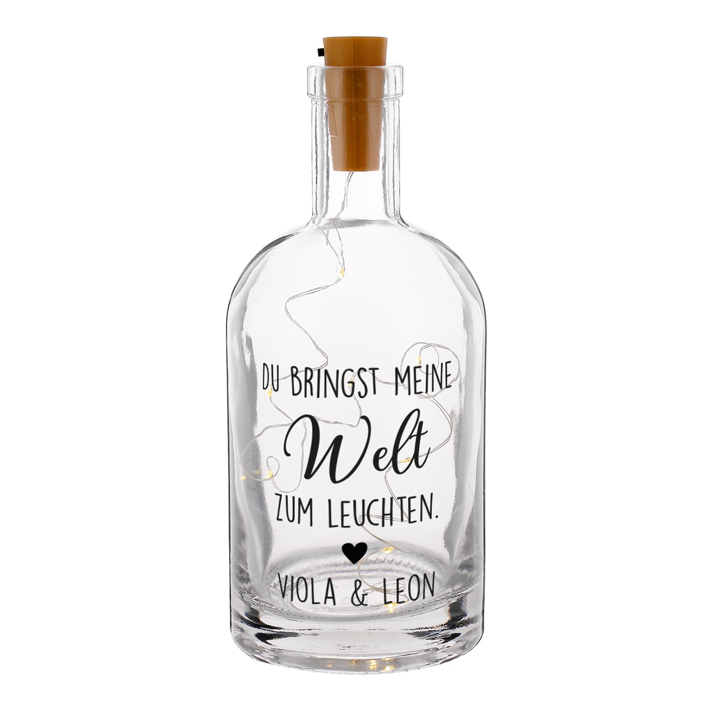 Freigestellte LED-Karaffe aus Glas mit Korken und Spruch „Du bringst meine Welt zum Leuchten“ mit Personalisierung