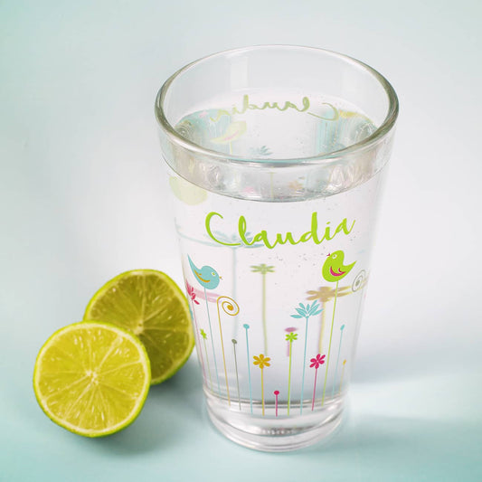 Trinkglas mit Ihrem Namen und Frühlingsmotiv