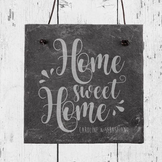 Schieferplatte mit Wunschnamen und Home sweet Home Gravu