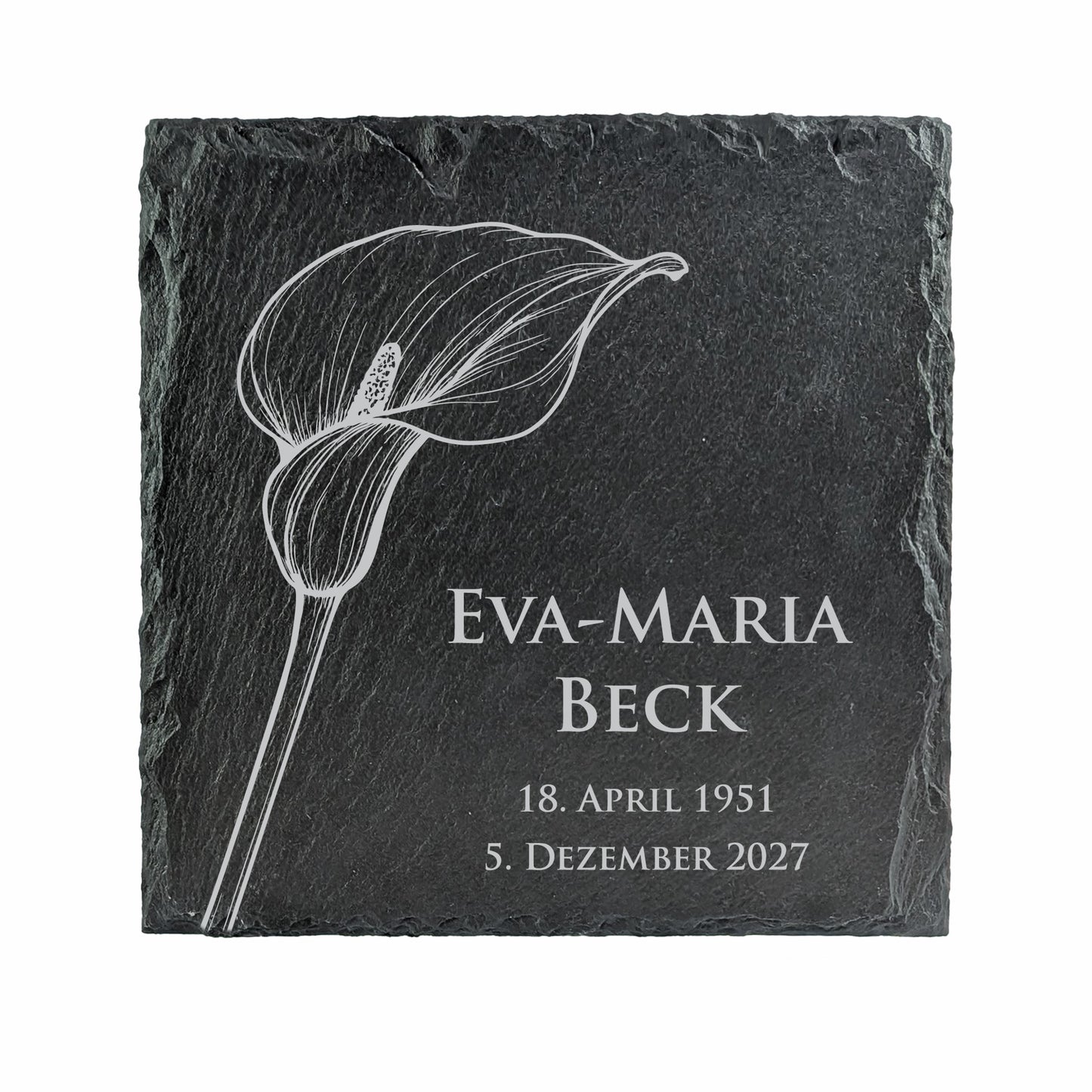 Schiefertafel mit Calla-Motiv und persönlicher Gravur für Eva-Maria Beck