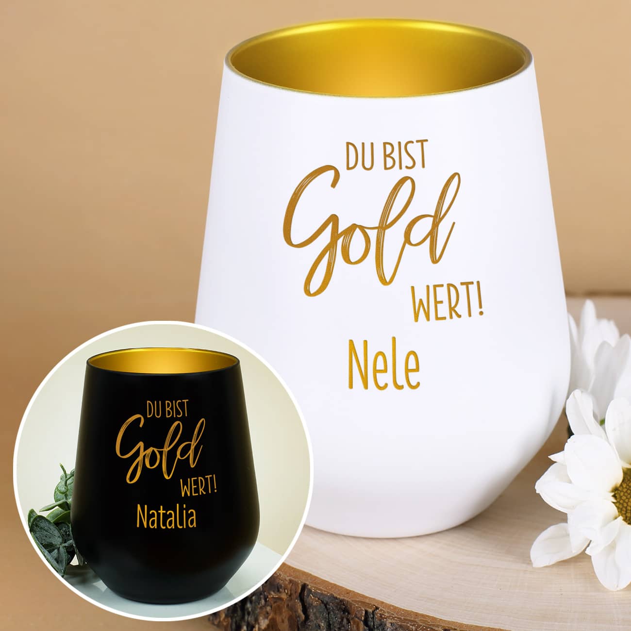 Windlicht - Du bist Gold wert! - in Schwarz oder Weiß mit Ihrem Wunschnamen graviert