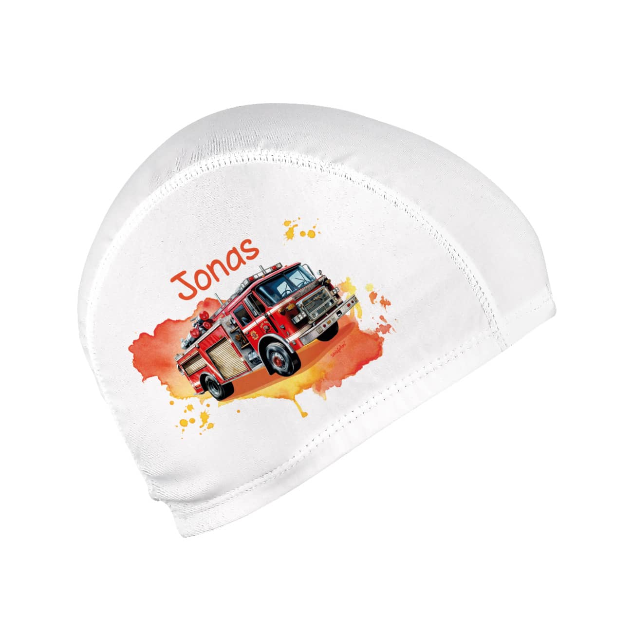 Kinderbadekappe mit Feuerwehrauto-Motiv und Name bedruckt