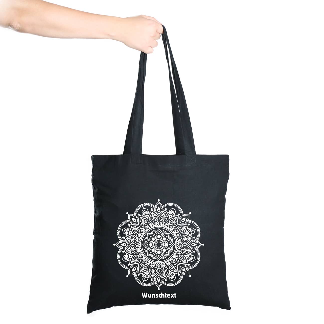 Beutel in schwarz mit Mandala und Wunschtext