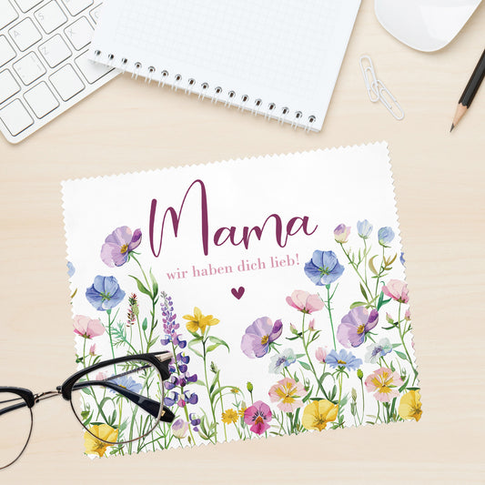 Personalisiertes Brillenputztuch Mama „wir haben dich lieb“ mit Blumenmotiv und Brille daneben