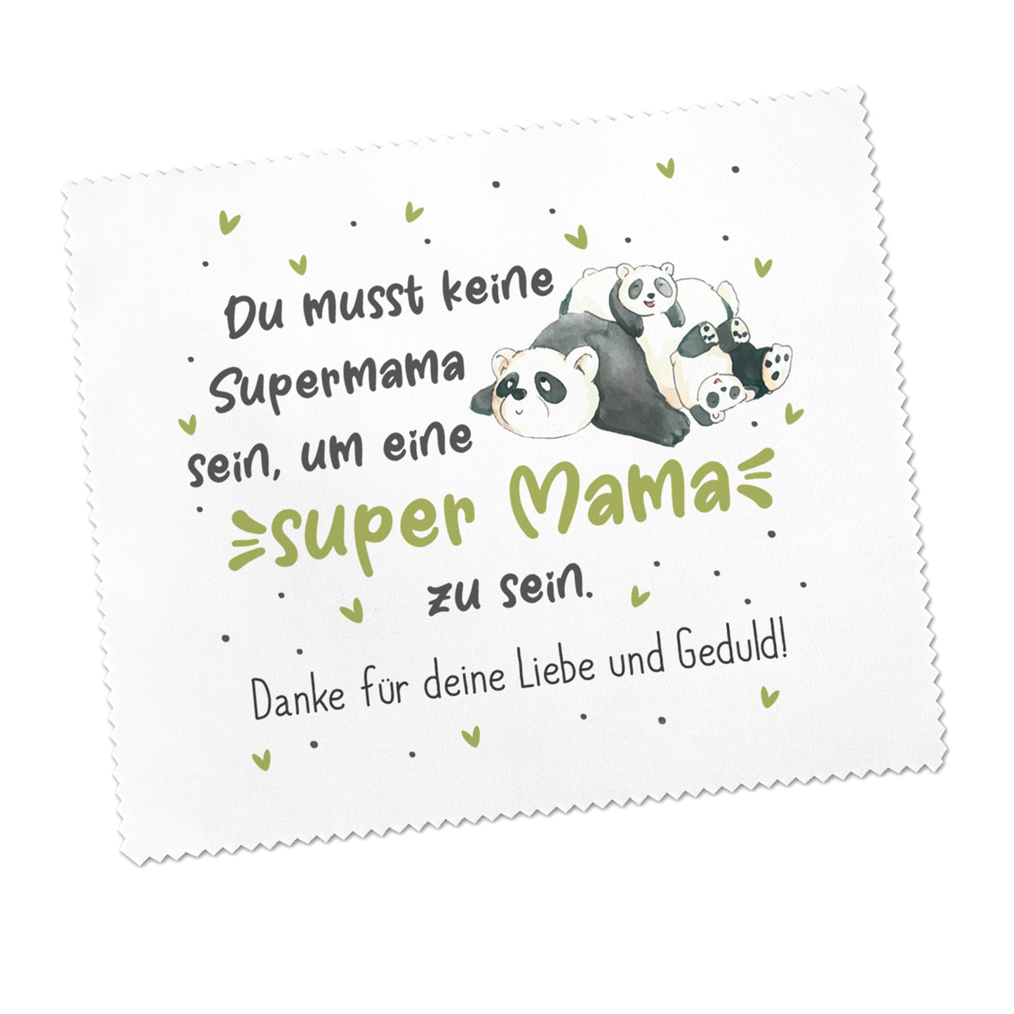 Detailansicht Panda Brillenputztuch mit Spruch Super Mama und personalisiertem Text für Mama