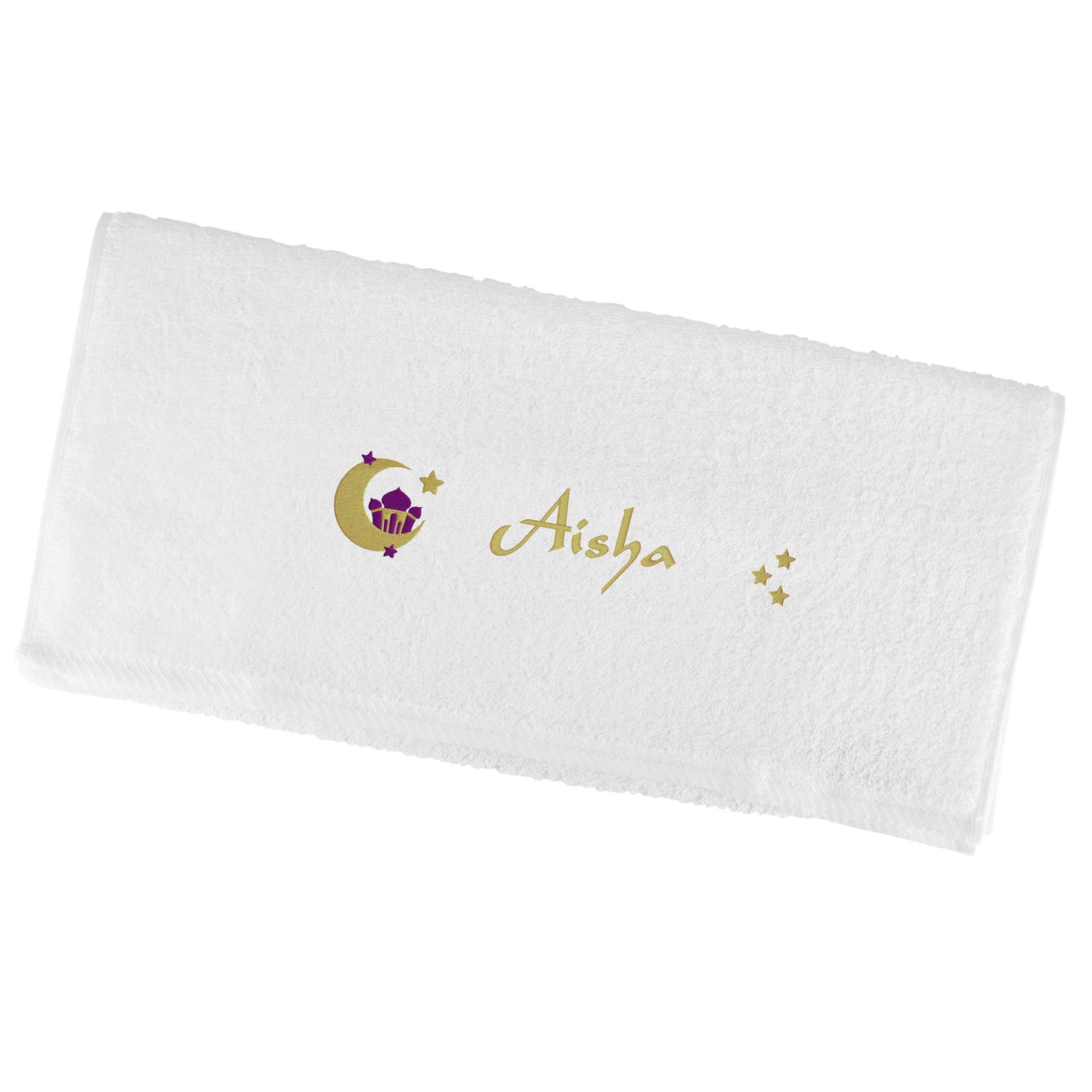 Weißes Handtuch mit Moschee Mond Sterne Stickerei und Name Aisha freigestellt auf weißem Hintergrund