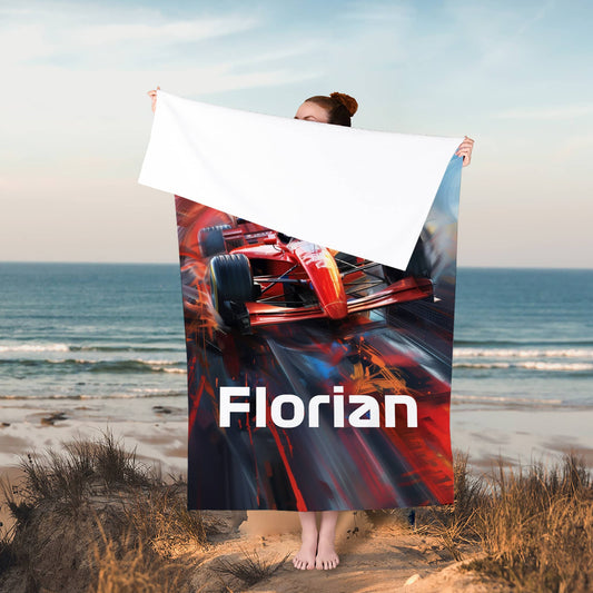 Handtuch mit Rennwagen in 3 Größen mit Wunschname bedruckt