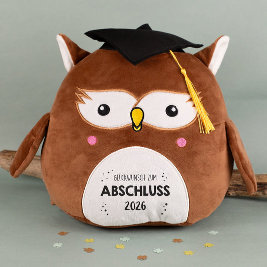 Kuschelige Abschluss-Eule mit Doktorhut – Vorderansicht