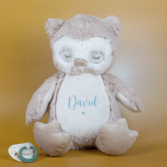 Beigefarbene Eule mit hellblauer Aufschrift „David“ über Herzmotiv, daneben ein Schnuller, auf goldenem Hintergrund.