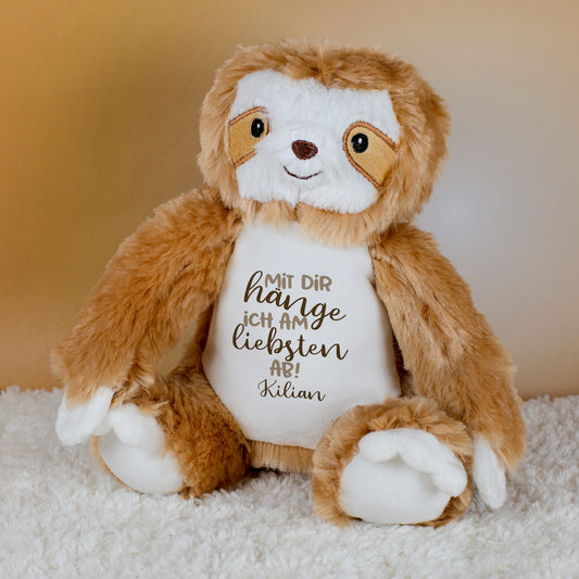 Faultier-Kuscheltier mit Aufdruck „Mit dir hänge ich am liebsten ab!“ – personalisiert mit Name Kilian.
