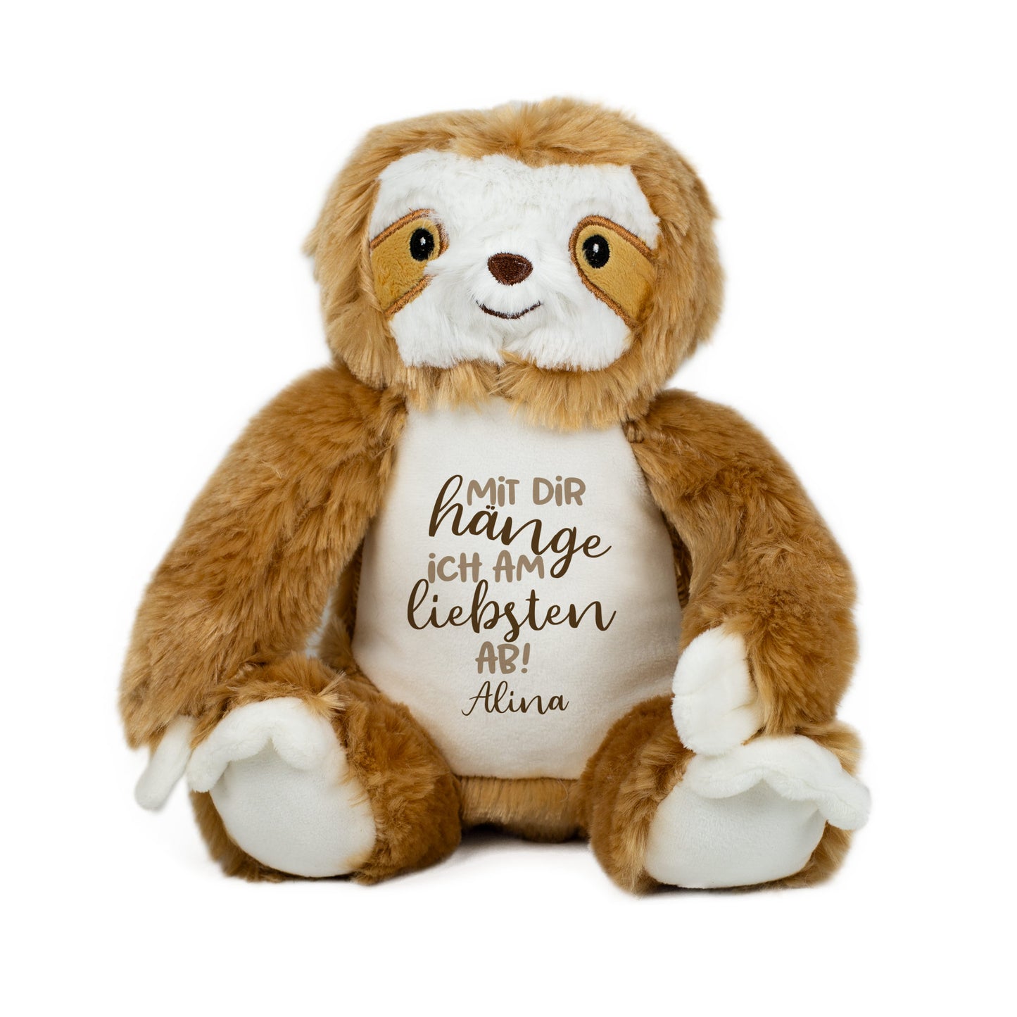 Freigestelltes Faultier-Kuscheltier mit Aufdruck „Mit dir hänge ich am liebsten ab!“ und Name Alina.