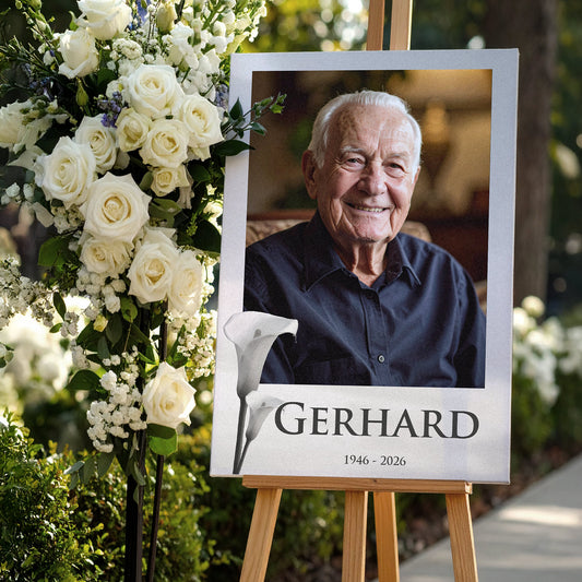 Leinwand mit Calla-Motiv und Foto auf Holzrahmen – personalisiert mit Name und Datum