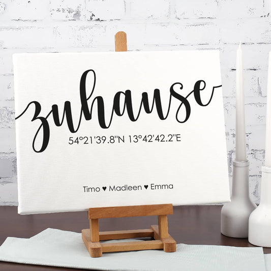 Zuhause - Leinwand mit Koordinaten und Ihren Wunschnamen
