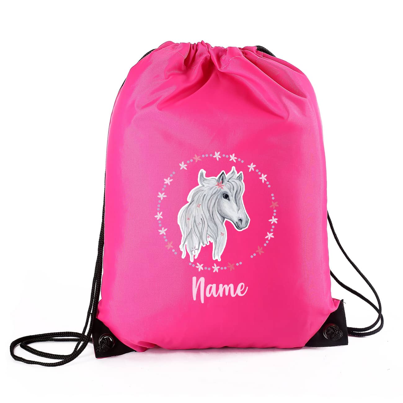 Turnbeutel mit Pferde-Motiv, Blüten und Name