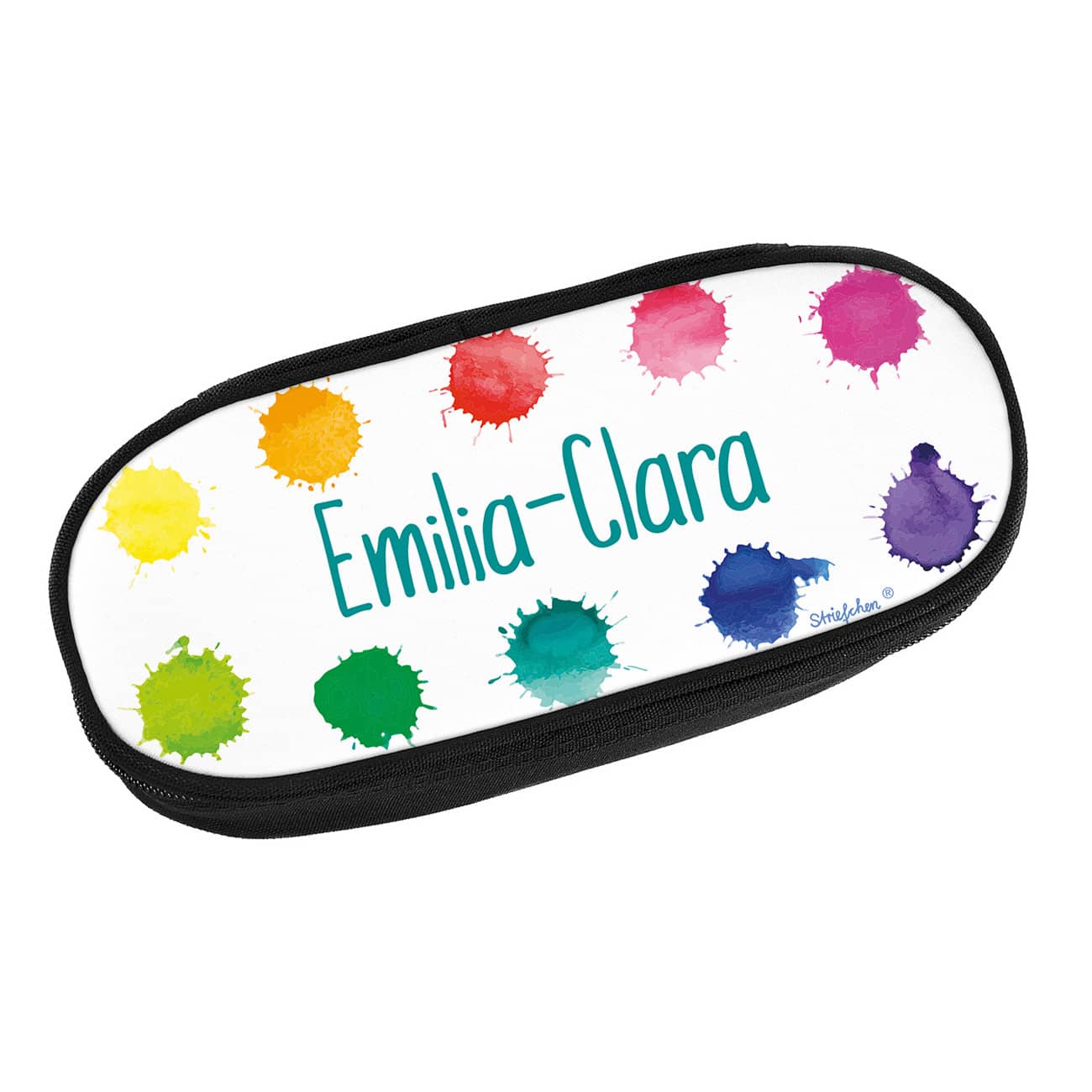 Buntes Federmäppchen mit persönlichem Namensaufdruck und Farbklecks Motiv