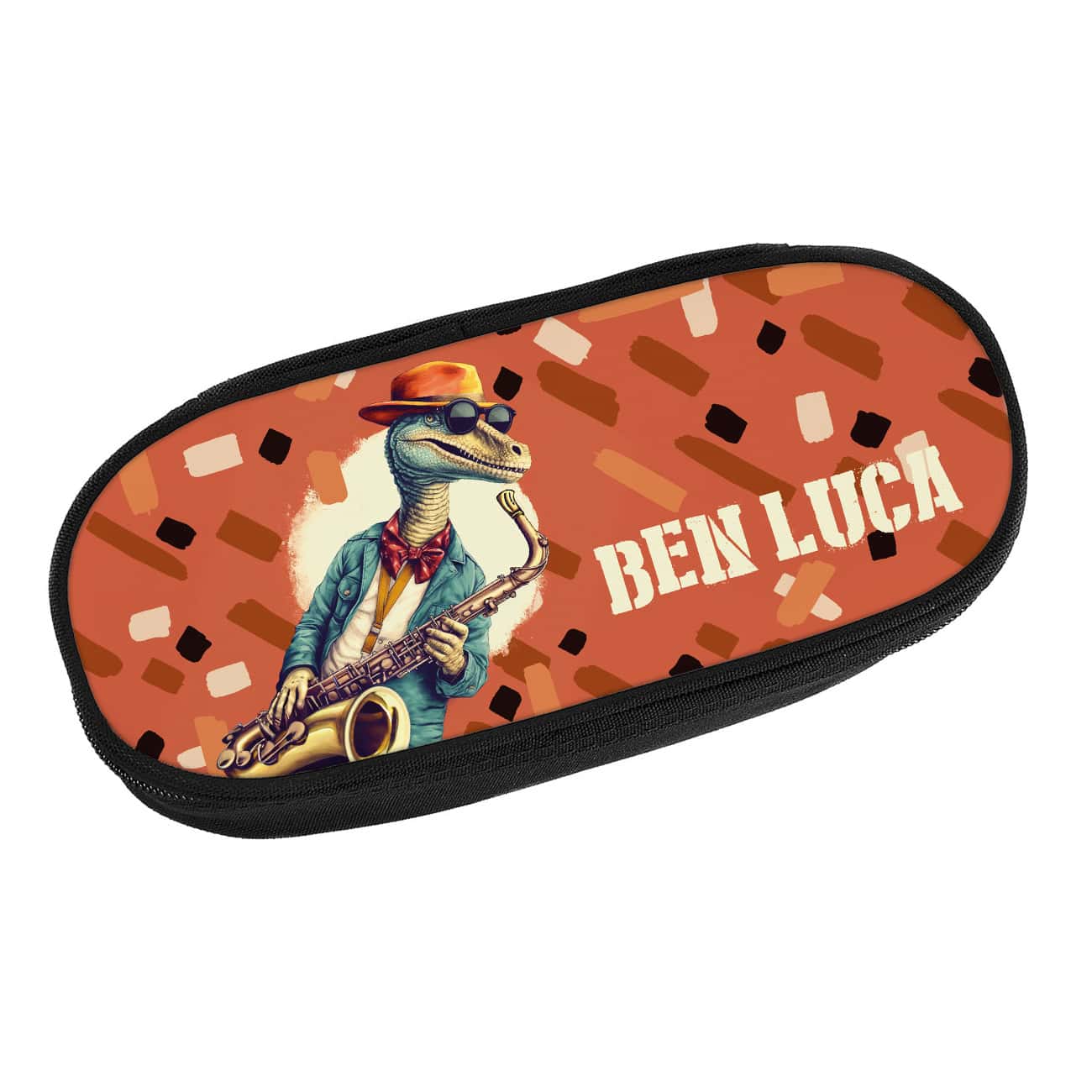 Tolle Federmappe mit Jazz-Dinosaurier am Saxofon und Ihrem Wunschnamen