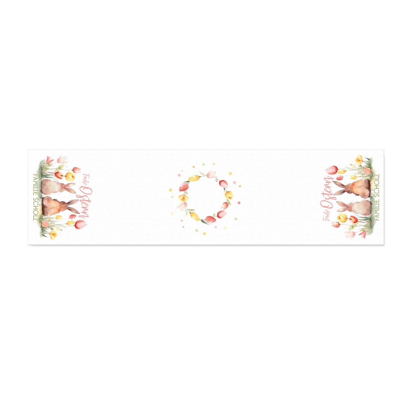 Frohe Ostern - weißer Tischläufer mit Hasen und Wunschtext, 150x40 cm