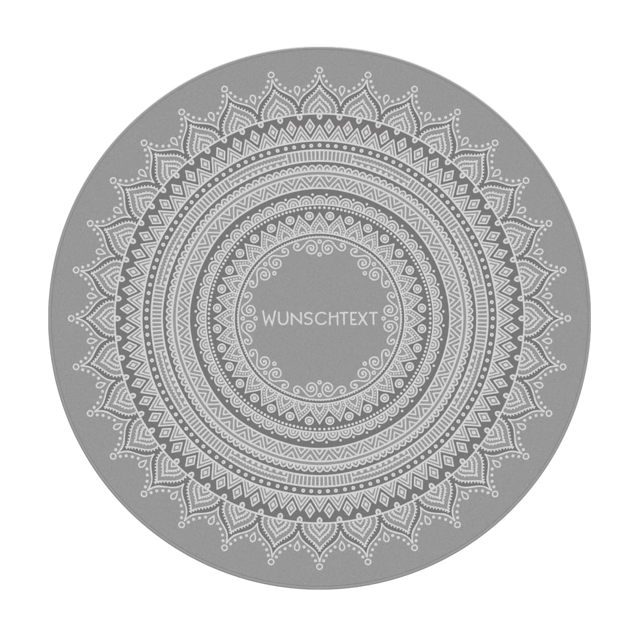 Runder Wohnteppich mit Personalisierung und Mandala in grau