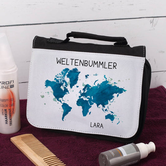 Weltenbummler - Waschtasche mit Name bedruckt