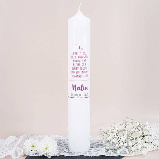 Große Taufkerze mit Lebensbaum in rosa, Name, Datum und Taufspruch, 38x6cm