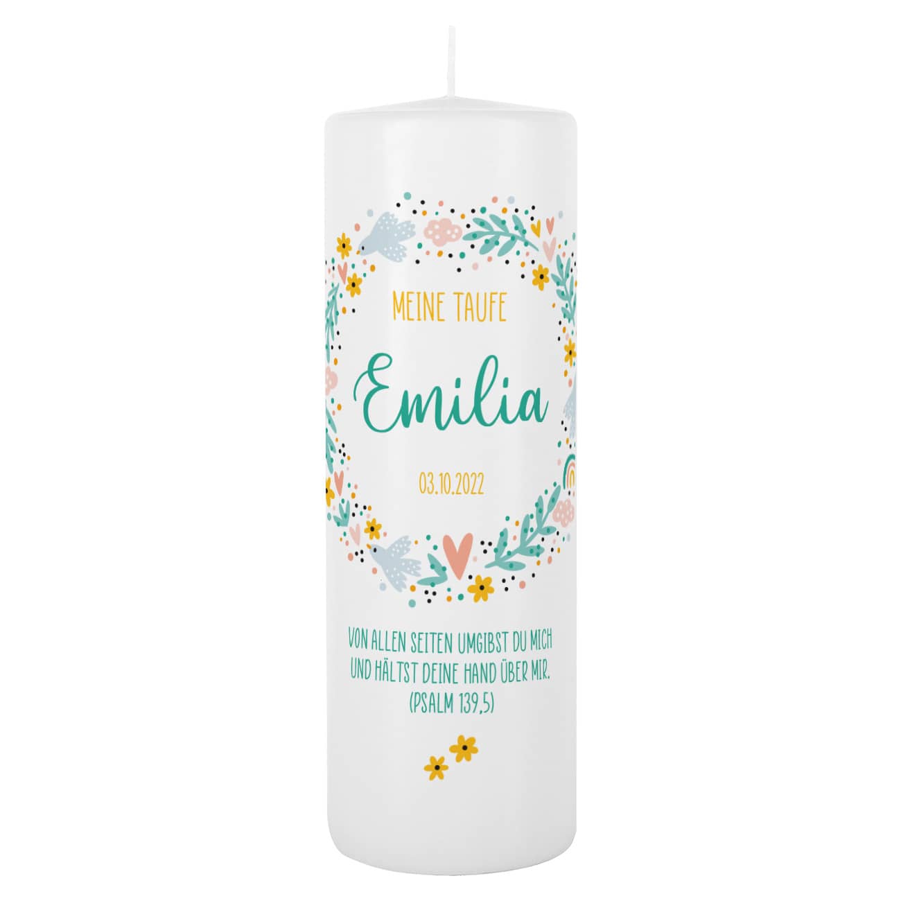 Taufkerze mit Name, Datum, Text und Quelle personalisiert