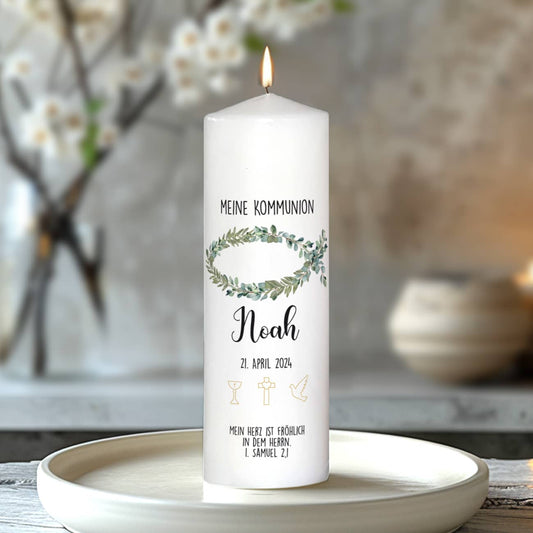 Kommunionkerze mit Fisch, Name, Datum & Psalm