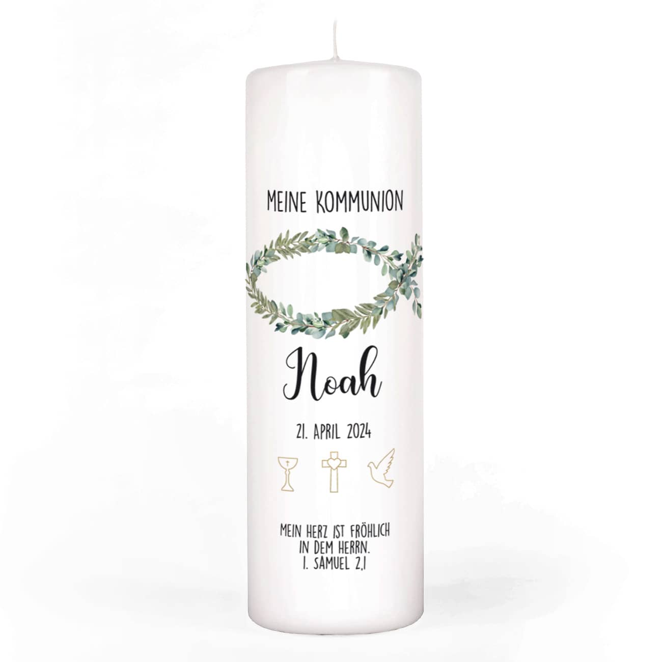 Kommunionkerze mit Fisch aus Eukalyptus & Ölzweigen, Name, Datum & Wunschtext