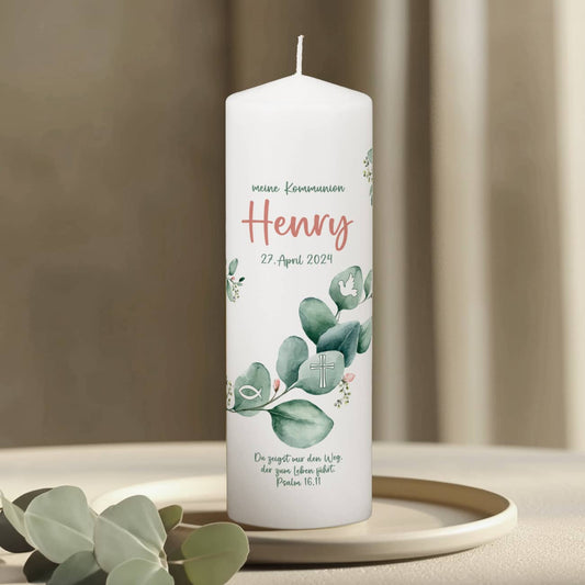 Kommunionkerze mit Eukalyptus-Motiv, Name, Datum & Wunschtext