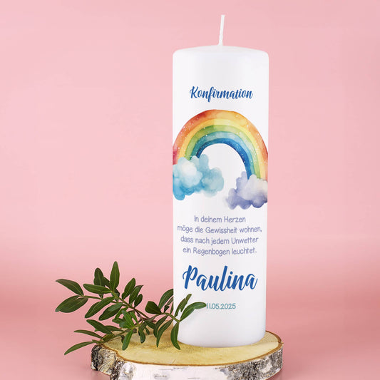 Kerze mit Regenbogenmotiv zur Taufe, Kommunion oder Konfirmation
