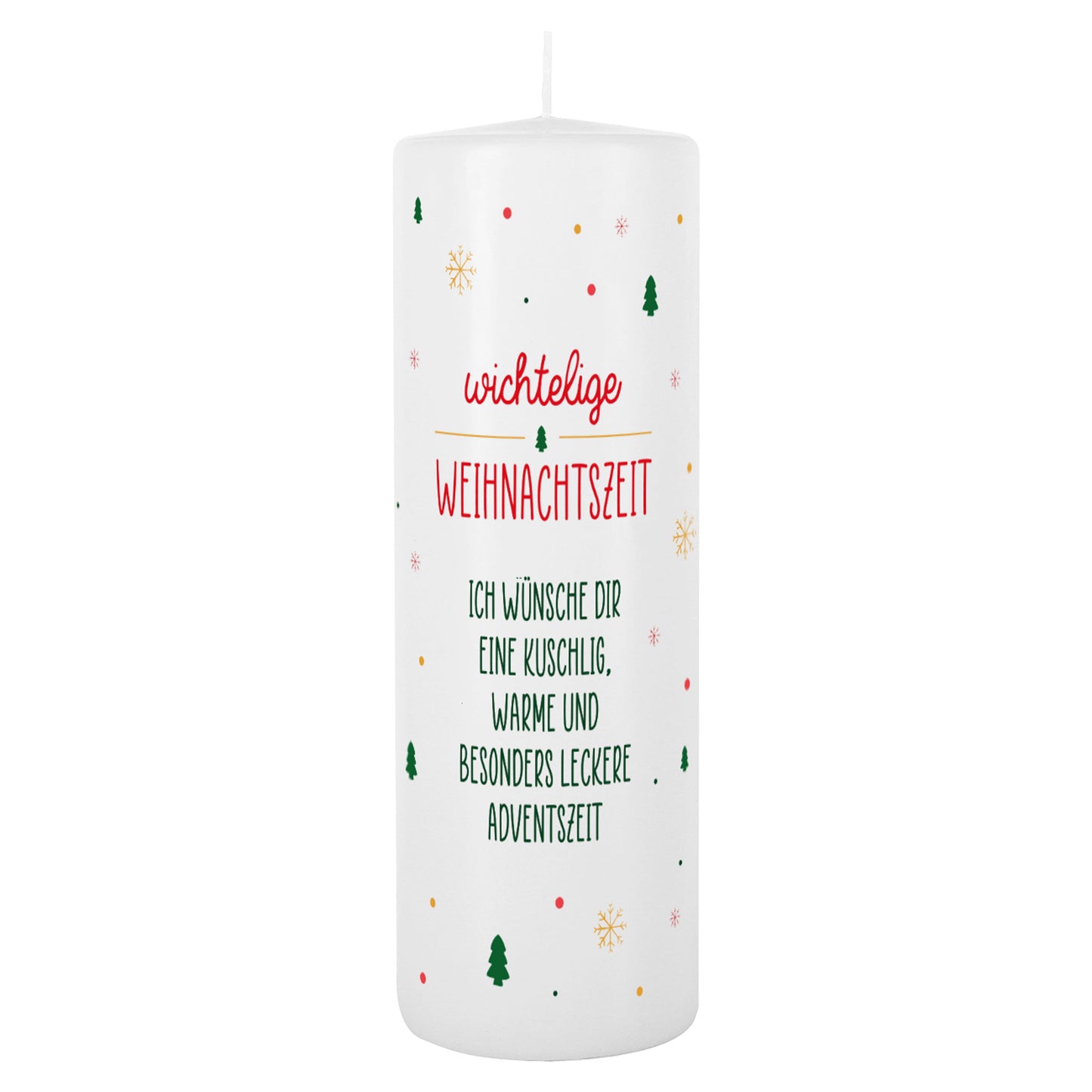 Weiße Kerze mit der Aufschrift „wichtelige Weihnachtszeit“ und grünem Wunschtext