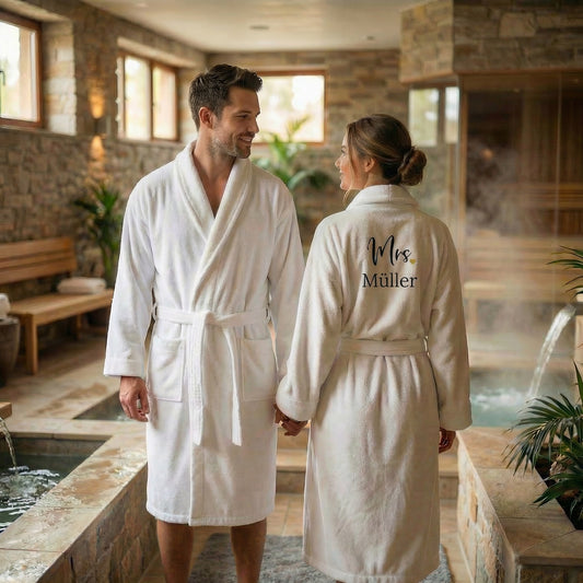 Bademantel zur Hochzeit - Mrs mit Name bestickt