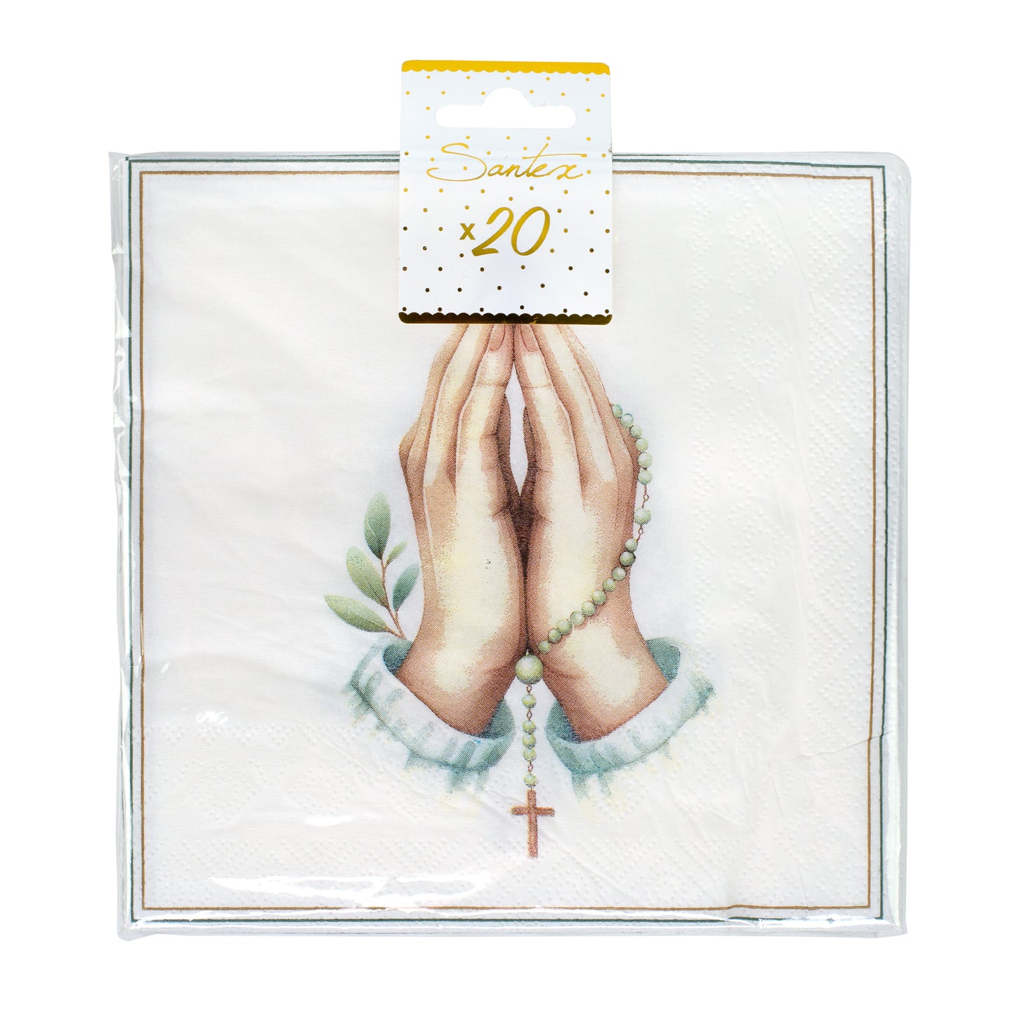 Verpackte Servietten im 20er Pack mit betenden Händen, Rosenkranz und Kreuz Motiv
