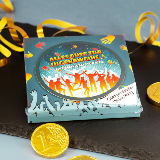 Geschenkschachtel zur Jugendweihe mit buntem Party-Motiv und Schriftzug „Alles Gute zur Jugendweihe“