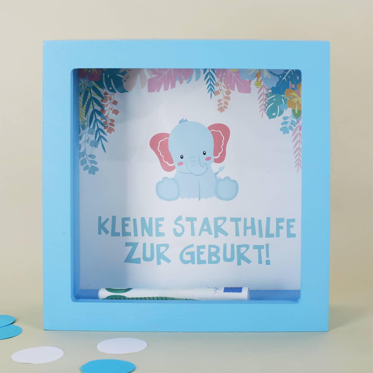 Niedlicher Elefant und Aufschrift "Starthilfe zur Geburt" als Motiv