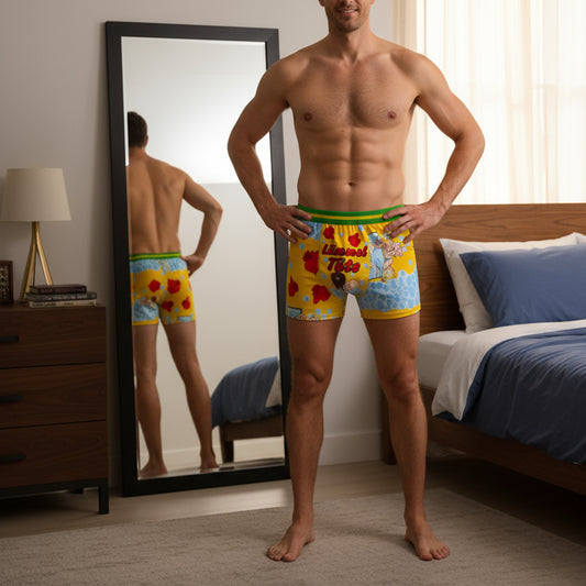 Mann trägt Boxershort Lümmeltüte mit Comic-Motiv im Schlafzimmer