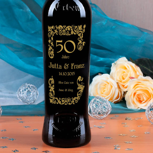gravierte Weinflasche zu Goldenen Hochzeit in Gold