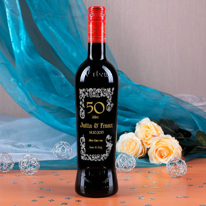 Weinflasche mit Gravur und Personalisierung in Gold/Silber