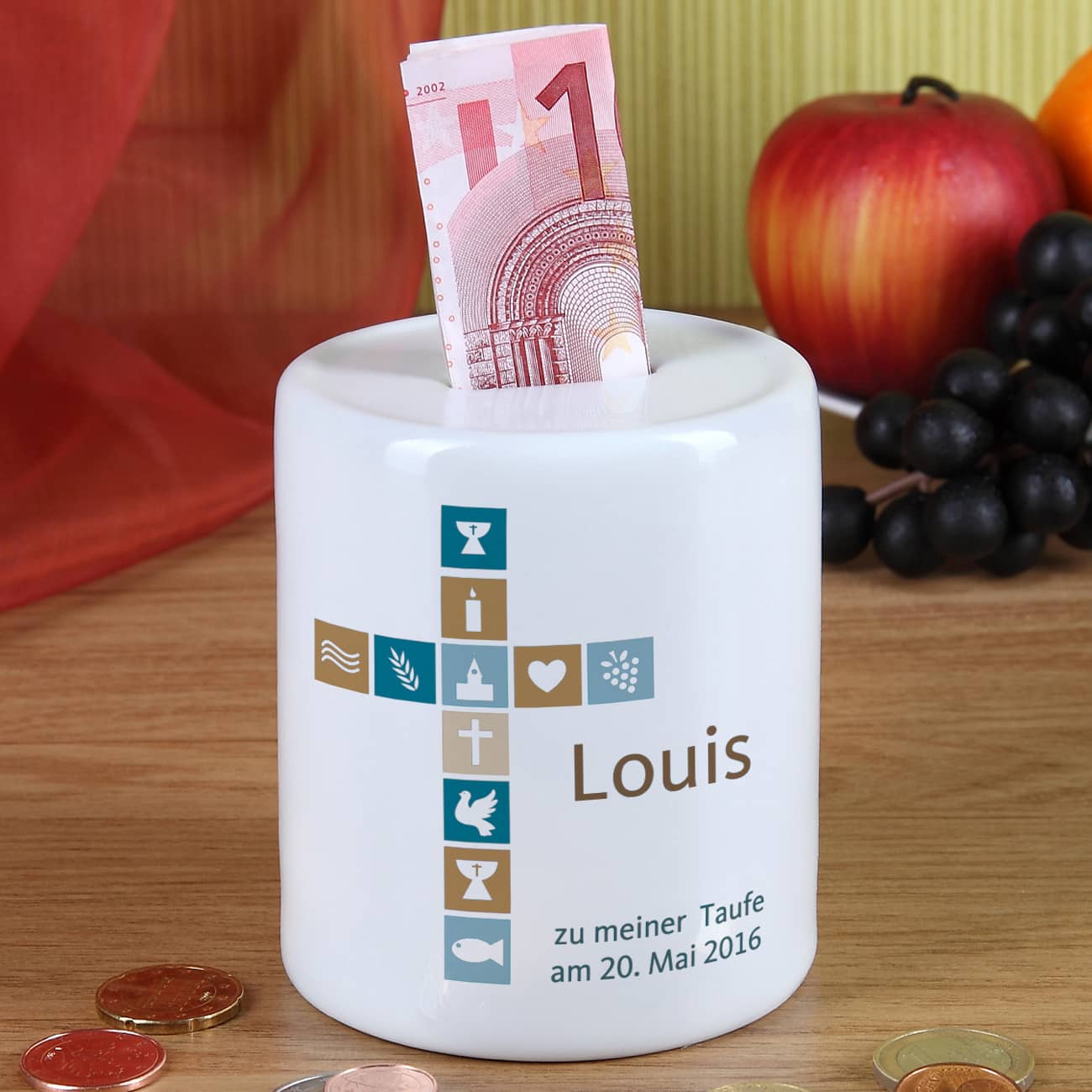 Bedruckte Spardose zur Taufe, Kommunion oder Konfirmation für Jungen