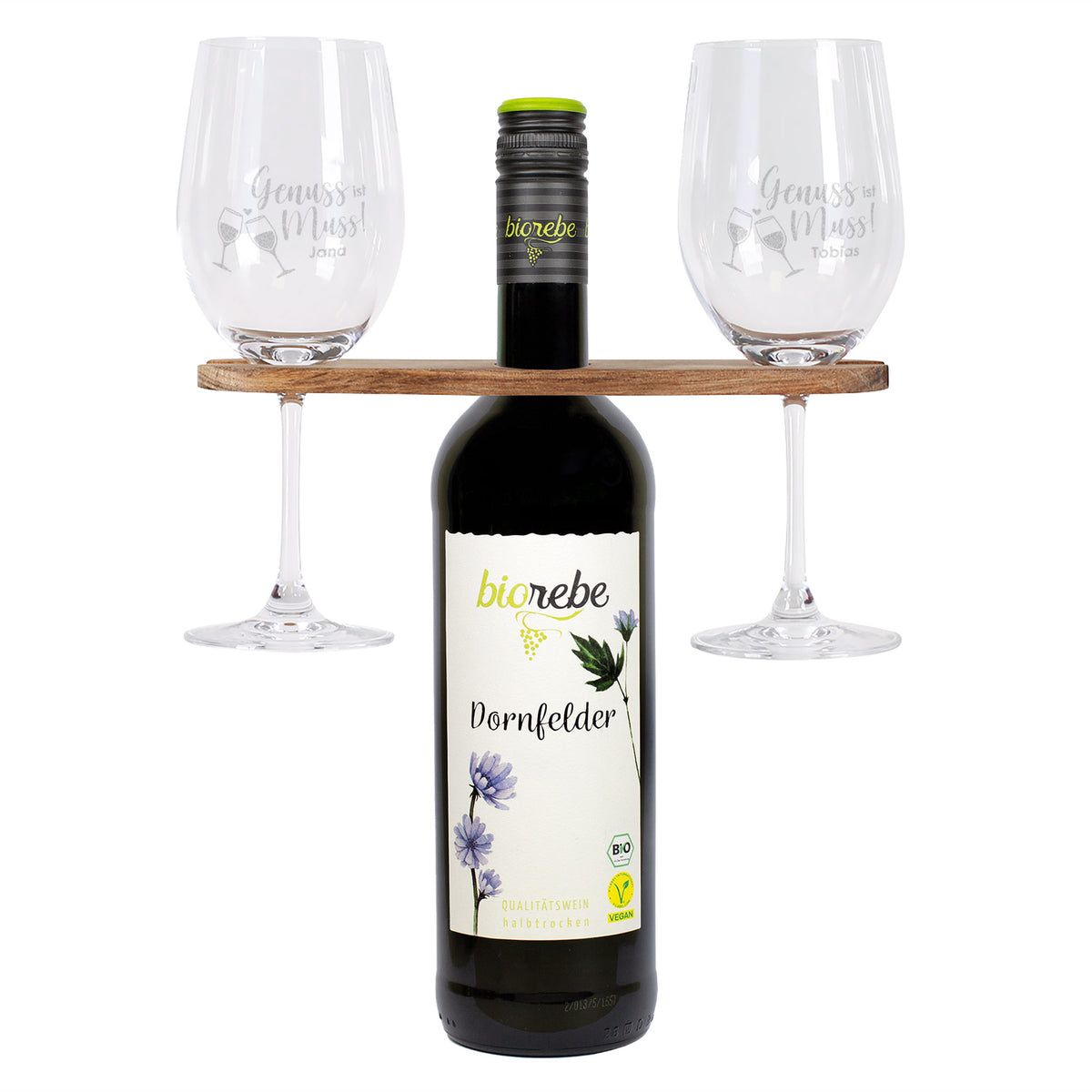 Biorebe Wein mit zwei Rotweingläsern und Weinbutler im Set | Geschenk für Paare