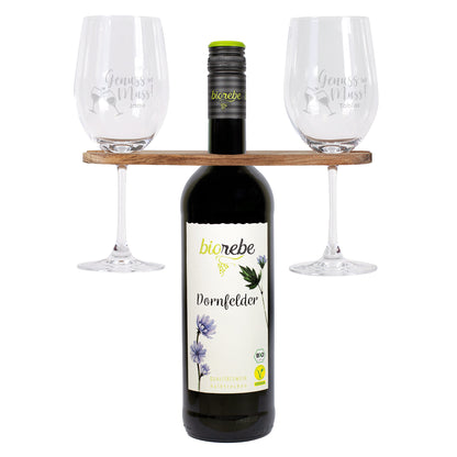 Biorebe Wein mit zwei Rotweingläsern und Weinbutler im Set | Geschenk für Paare