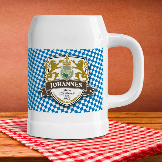 Bierkrug mit personalisiertem Löwen Wappen