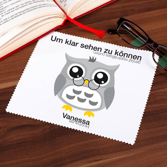 Bedrucktes Brillenputztuch mit Eule und Wunschname