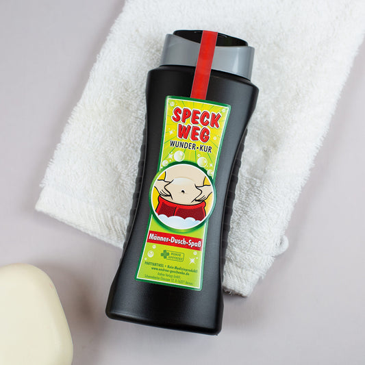 Männer Duschgel „Speck weg Wunder Kur“ – Flasche mit Etikett und 300 ml Inhalt