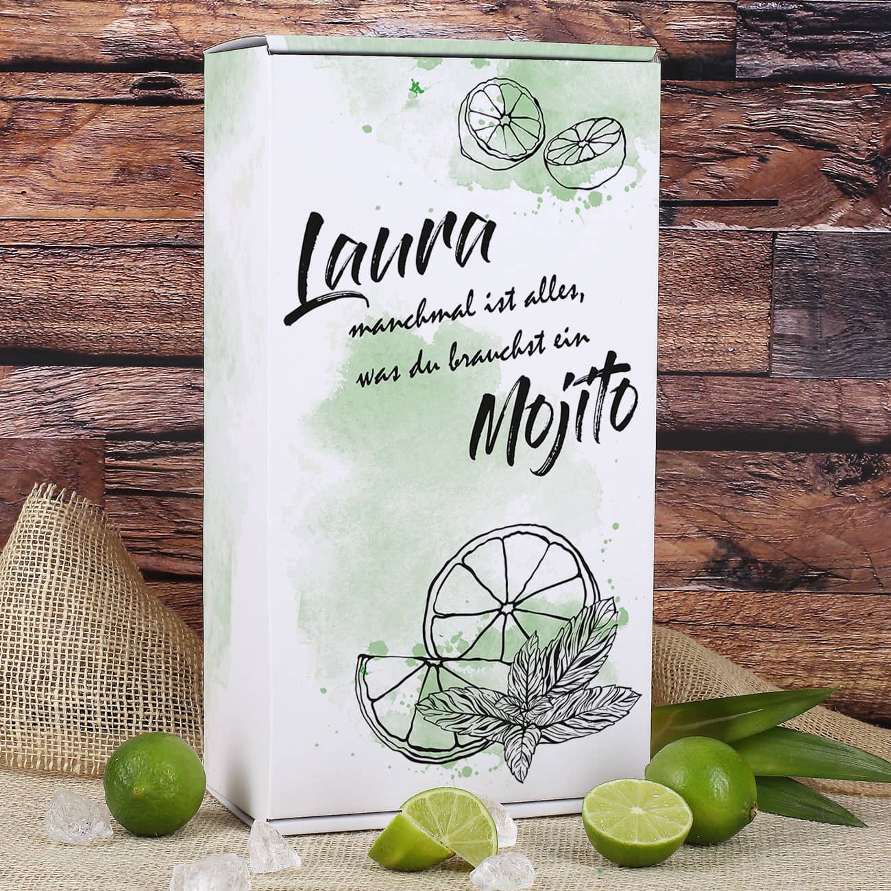 Geschenkverpackung mit Limetten, Minze und Ihrem Wunschnamen bedruckt