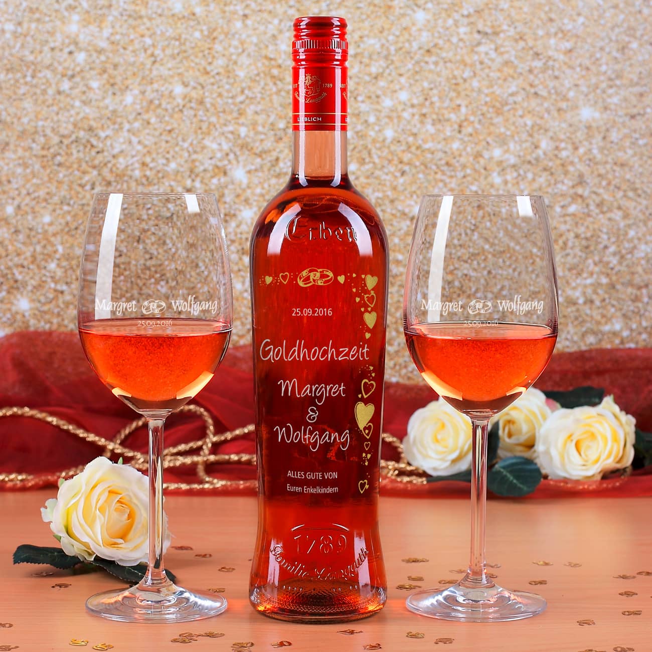 Goldhochzeits - Set mit Gläsern, Weinflasche und Ihren Wunschangaben als Gravur