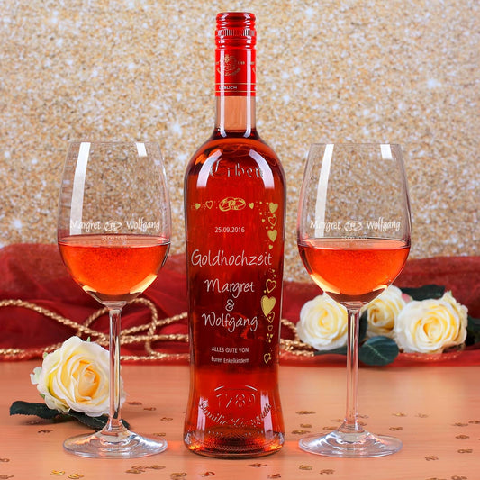 Goldhochzeits - Set mit Gläsern, Weinflasche und Ihren Wunschangaben als Gravur