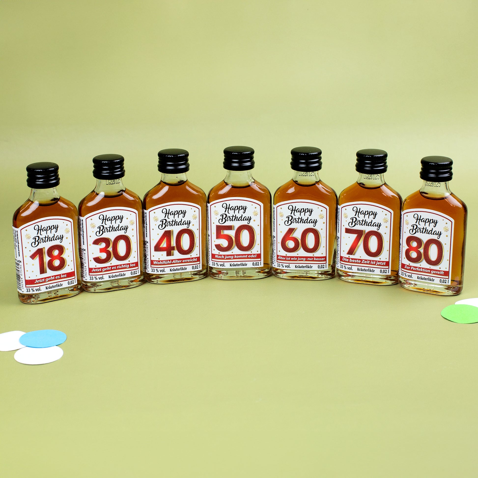 Kräuterlikör-Miniaturen „Happy Birthday“ als Set von 18 bis 80
