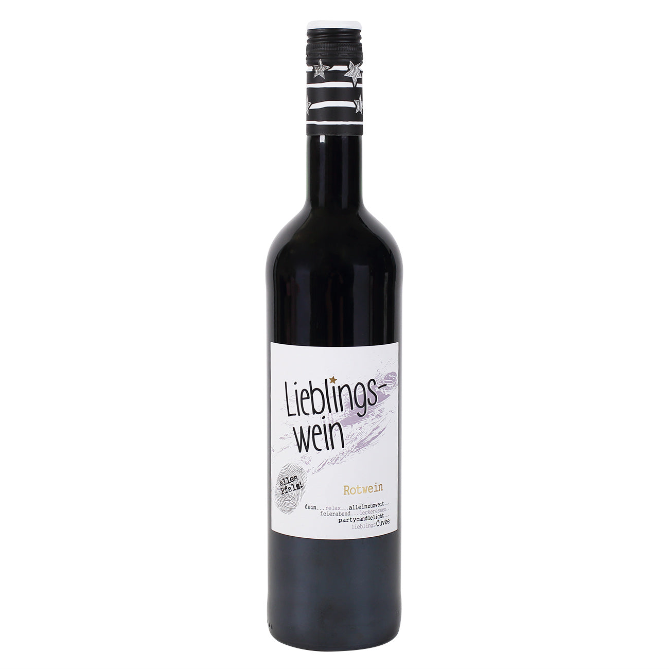 Flasche Lieblingswein Cuvée Rotwein Halbtrocken 0,75 l freigestellt auf weißem Hintergrund